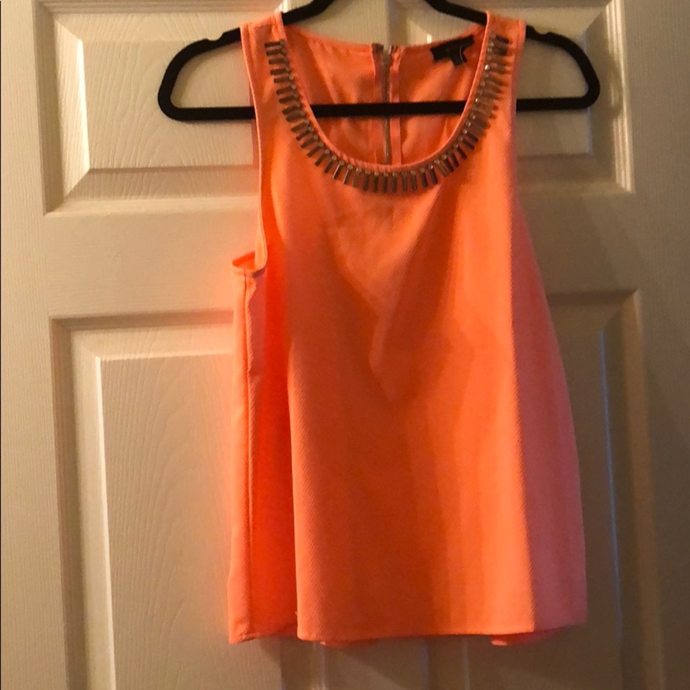 Orange Tank with metal and jeweled neckline
